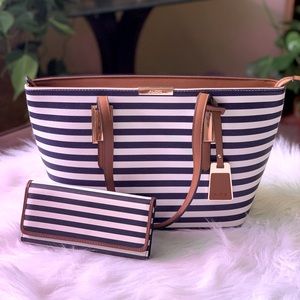 ALDO Afadolla Stripe Navy Blue White Brown Gold Faux Leather Vegan Tote & Wallet